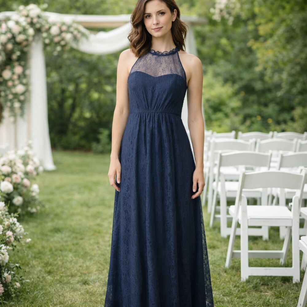David’s Bridal Lace Halter Bridesmaid Dress Blue 8